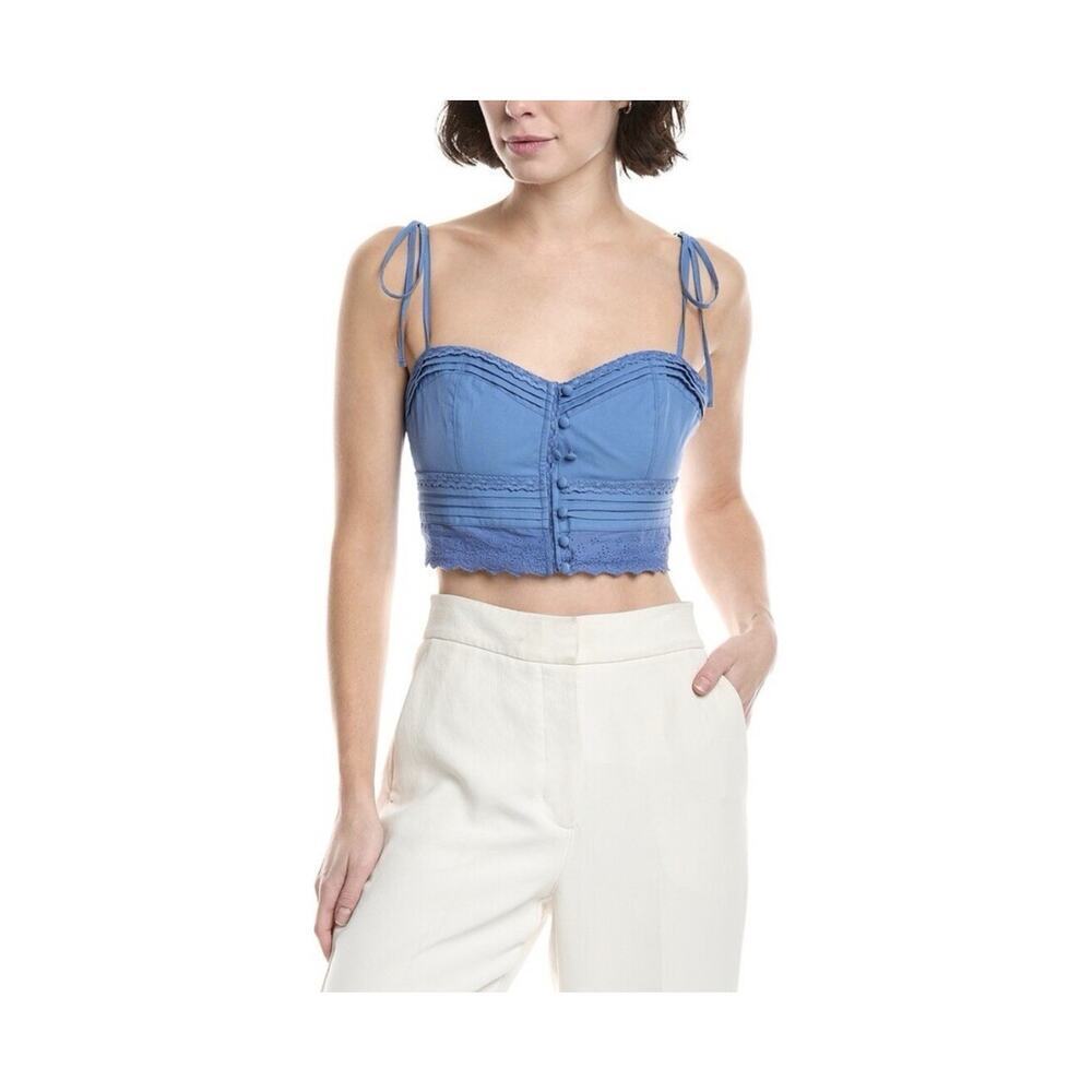 Agua Bendita NEW Ariel Crop Top Blue Cotton Lace Trim Size Large Shoulder Tie